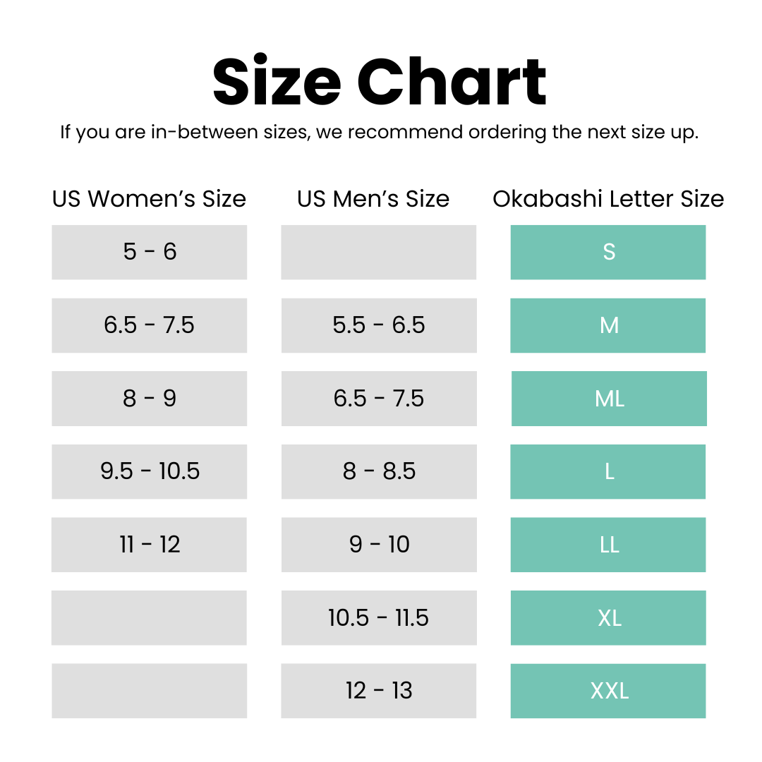 Okabashi size best sale chart
